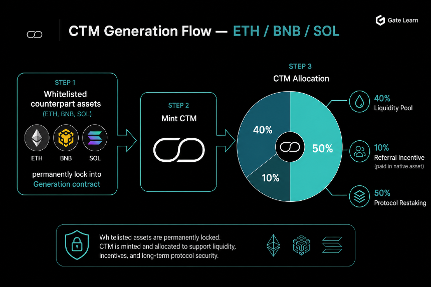 CTM Generation flow showing ETH BNB SOL permanent lock through Generation contract with 40% liquidity 10% referral 50% restaking split