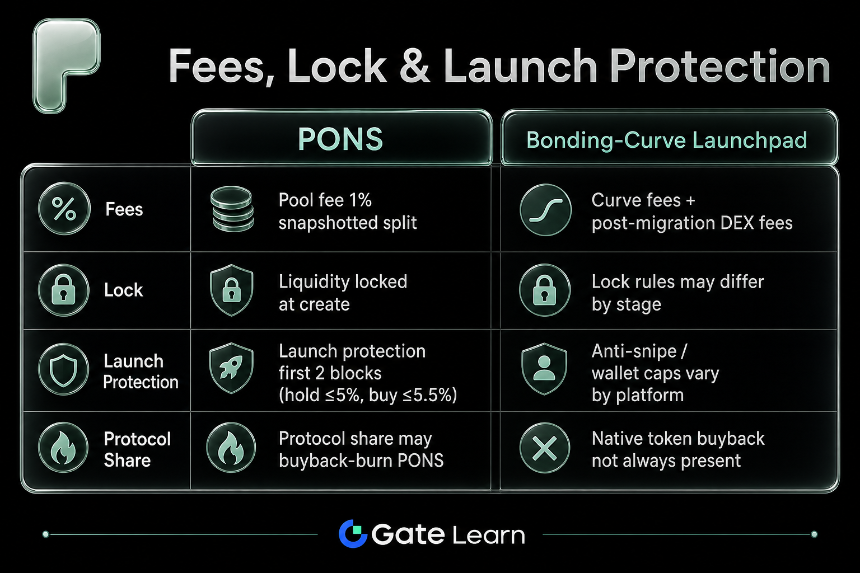 Pons 与 bonding‑curve 发射台费用、锁定和发射保护对比